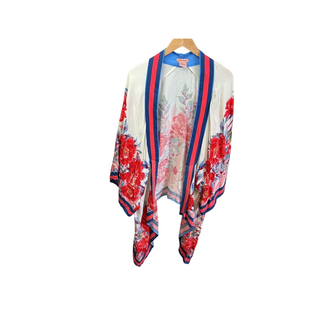 Flying Tomato Womens Floral Kimono Wrap Red Blue Striped Trim Rayon S/M - Picture 3 of 12